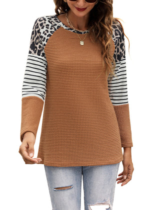 Women's Long Sleeve Waffle Sweater With Leopard And Stripe Design