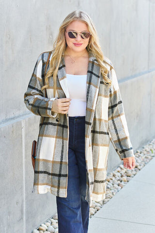 Double Take Full Size Plaid Button Up Lapel Collar Coat for Women