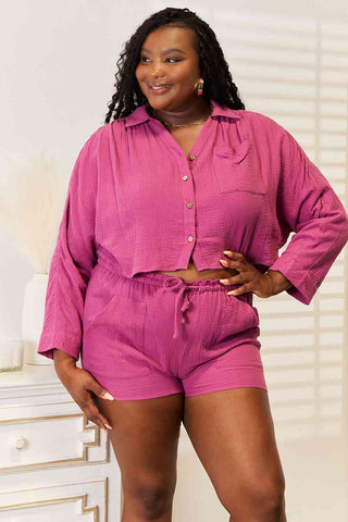 Basic Bae Buttoned Long Sleeve Top and Shorts Set for Women