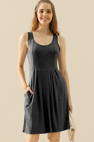 Doublju Round Neck Ruched Sleeveless Dress with Pockets for Women