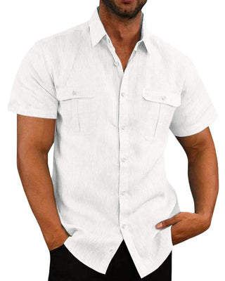 Men's Shirt Double Pocket Cotton Linen Short Sleeve Shirt Casual Vacation Shirt