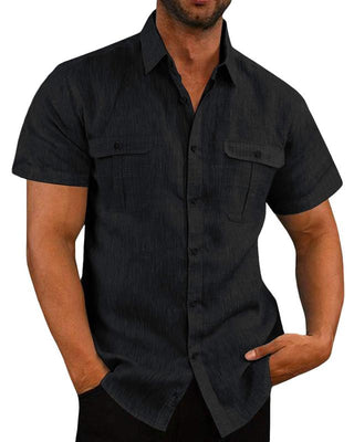 Men's Shirt Double Pocket Cotton Linen Short Sleeve Shirt Casual Vacation Shirt