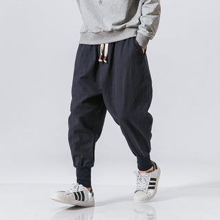 Linen Pants Men's Hip Hop Breathable Cotton Linen Trousers Solid Color Bloomers Casual Pants