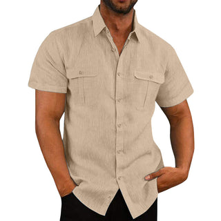 Men's Shirt Double Pocket Cotton Linen Short Sleeve Shirt Casual Vacation Shirt