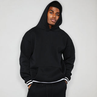 Men? Minimalistic Loose Pullover Hoodie With Front Pocket And A Stripped Hem