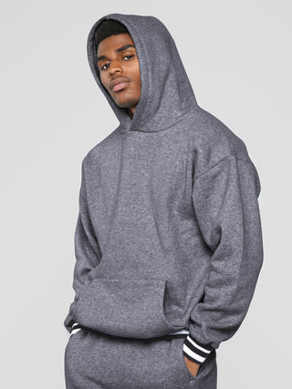 Men? Minimalistic Loose Pullover Hoodie With Front Pocket And A Stripped Hem