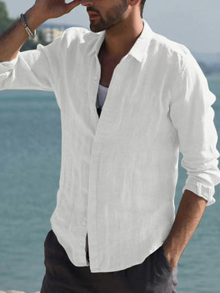 Men? Casual Long Sleeve White Linen Button Down With Collar And Long Sleeves