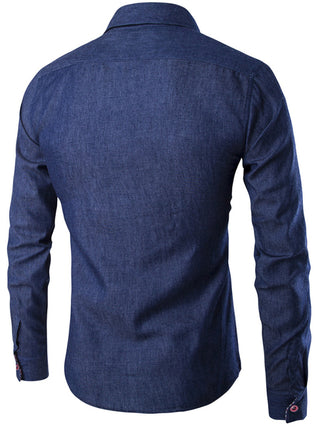 Men? Solid Color Contrast Collar Long Sleeve Denim Shirt