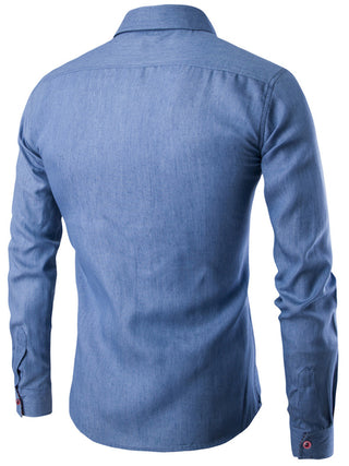 Men? Solid Color Contrast Collar Long Sleeve Denim Shirt