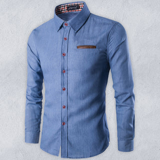 Men? Solid Color Contrast Collar Long Sleeve Denim Shirt