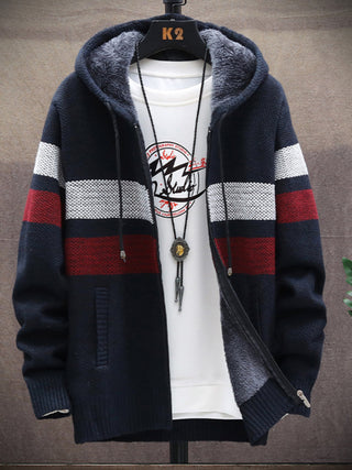 Men? Color Block Faux Fur Lining Zip Front Hooded Drawstring Hood Sweatshirt Jacket