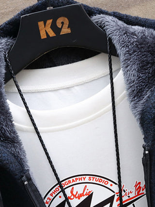 Men? Color Block Faux Fur Lining Zip Front Hooded Drawstring Hood Sweatshirt Jacket