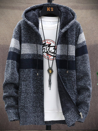 Men? Color Block Faux Fur Lining Zip Front Hooded Drawstring Hood Sweatshirt Jacket