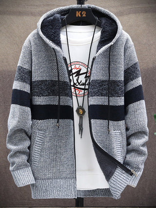 Men? Color Block Faux Fur Lining Zip Front Hooded Drawstring Hood Sweatshirt Jacket