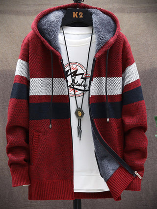 Men? Color Block Faux Fur Lining Zip Front Hooded Drawstring Hood Sweatshirt Jacket