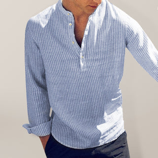 Men's Crew Neck Button Up Stripe Long Sleeve Shirt