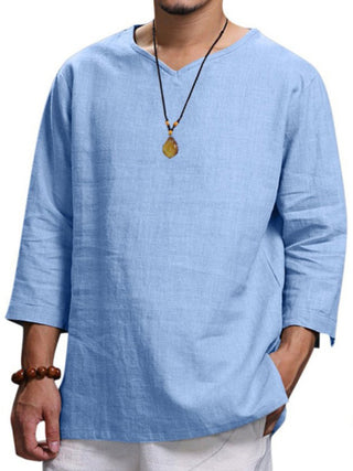 Men's Solid Color V Neck Slub Linen Three Quarter Sleeve Shirt