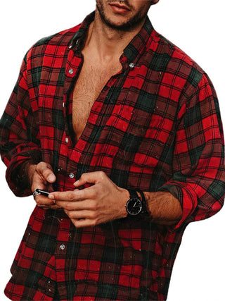 Men's check collar casual long sleeve shirt