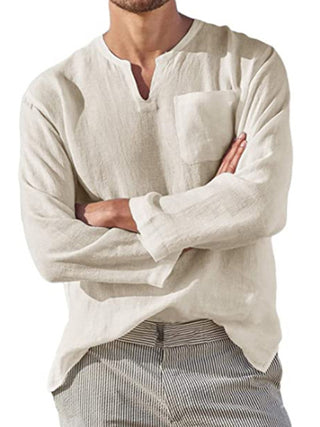 Men's Solid Color Linen Pullover Tunic Shirts