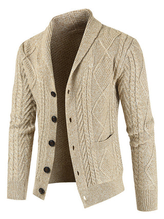 Men's Solid Color Shawl Collar Cable Stitch Cardigan