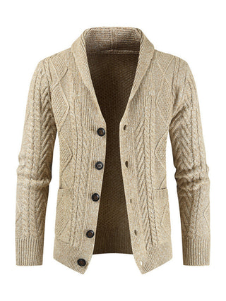 Men's Solid Color Shawl Collar Cable Stitch Cardigan