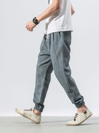 Men's woven cotton and linen casual harem trousers