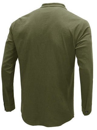 Men's woven solid color long-sleeved cotton and linen shirt