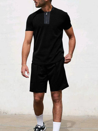 Men's Contrasting Color Waffle V-Neck Zipper T-Shirt + Shorts Casual Suit