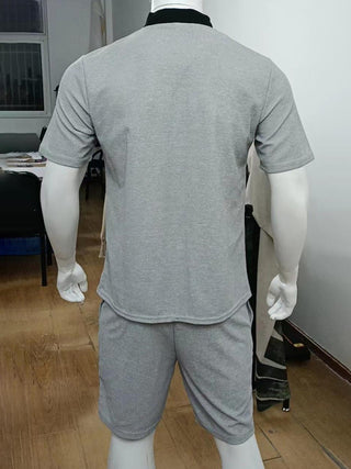 Men's Contrasting Color Waffle V-Neck Zipper T-Shirt + Shorts Casual Suit