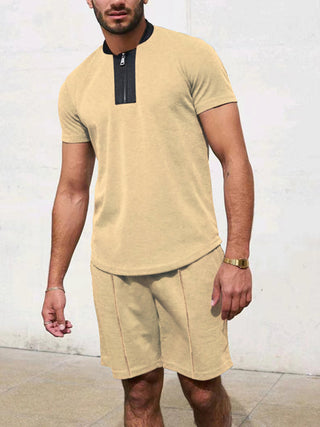 Men's Contrasting Color Waffle V-Neck Zipper T-Shirt + Shorts Casual Suit