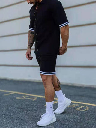 Men's color contrast lapel short-sleeved shirt + shorts two-piece suit