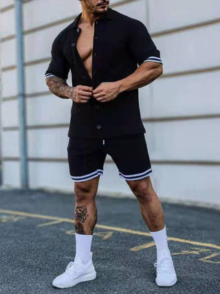 Men's color contrast lapel short-sleeved shirt + shorts two-piece suit