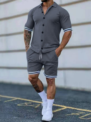 Men's color contrast lapel short-sleeved shirt + shorts two-piece suit