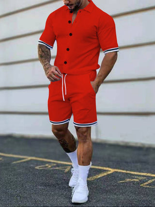 Men's color contrast lapel short-sleeved shirt + shorts two-piece suit