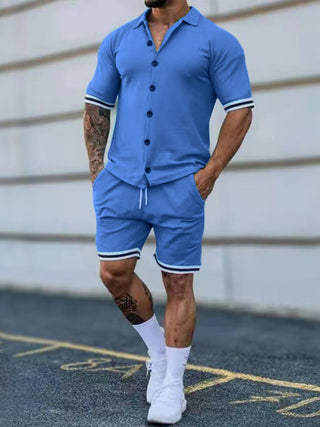 Men's color contrast lapel short-sleeved shirt + shorts two-piece suit