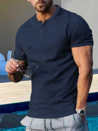 Men's Short Sleeve Henley Round Neck Slim Fit Athletic T-Shirt