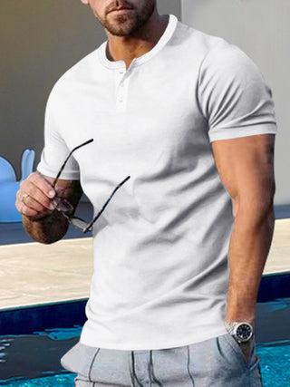 Men's Short Sleeve Henley Round Neck Slim Fit Athletic T-Shirt