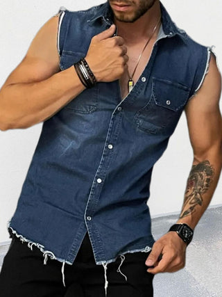 Men's Denim Lapel Sleeveless Shirt Top