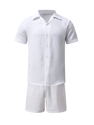 Men's Summer Lapel Cotton Linen Solid Color Short Sleeve Shorts Set