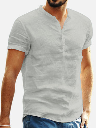 Men's Stand Collar Short Sleeve V Neck Cotton Linen Shirt