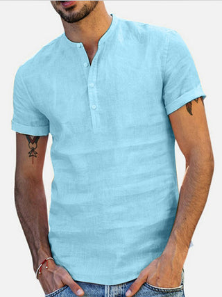 Men's Stand Collar Short Sleeve V Neck Cotton Linen Shirt