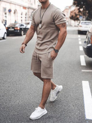 New Men's Casual Solid Color Short Sleeve Shorts Two-Piece Set