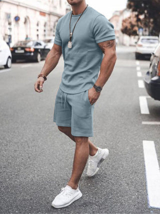 New Men's Casual Solid Color Short Sleeve Shorts Two-Piece Set