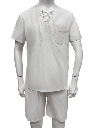 Men's new casual solid color lace-up beach cotton and linen suit