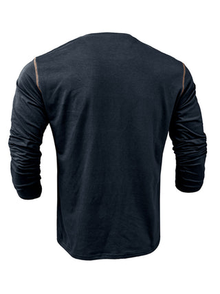 New Men's Henley Color Block Knitted Long Sleeve T-Shirt