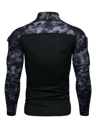 Men's Military Field Outdoor Elastic Fitness Camouflage Long Sleeve Zipper Pocket T-Shirt