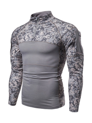 Men's Military Field Outdoor Elastic Fitness Camouflage Long Sleeve Zipper Pocket T-Shirt