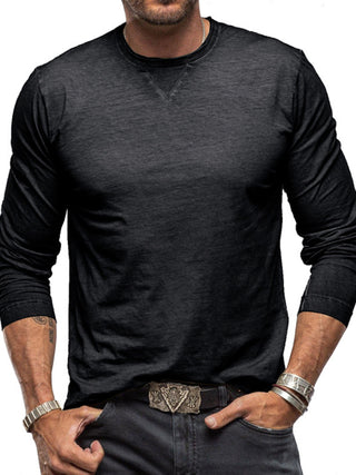 Men's new solid color round neck long sleeve cotton t-shirt