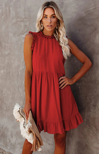 Women's Solid Color Ruffled Waist Dress