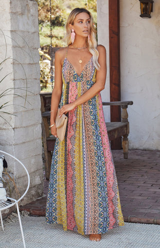 Women's Sling Deep V Print Long Dress